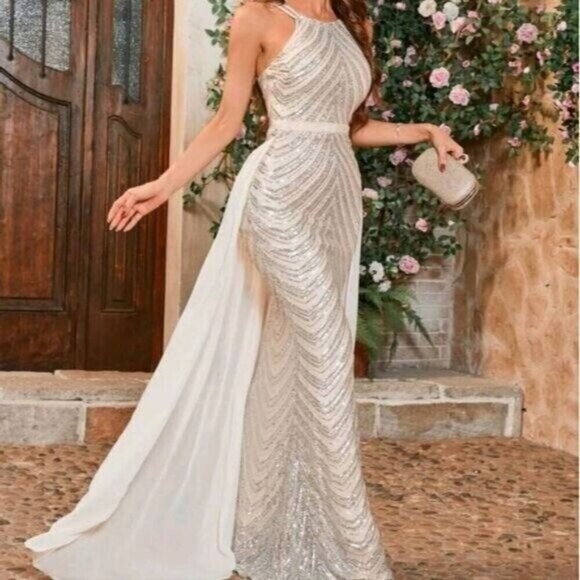 Silver,  O Neck, Sleeveless,  Detachable Skirt, Sequined Mermaid Gown - Picture 4 of 15